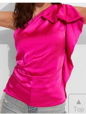 Express Hot Pink One-Shoulder Ruffle Satin Top